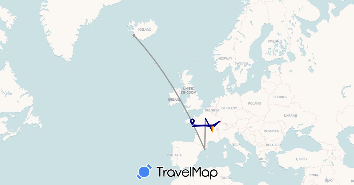 TravelMap itinerary: driving, plane, hiking, hitchhiking in Spain, France, Iceland (Europe)